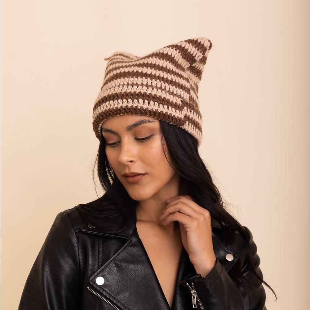 Striped Brown Knit Beanie